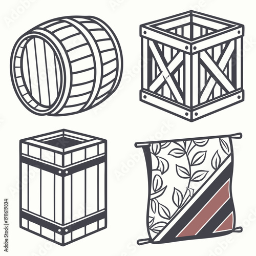 A collection of various geometric shapes and patterns in a black and white illustration Vector