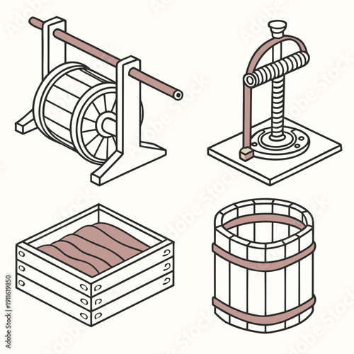 Four different types of industrial equipment used in manufacturing processes Vector