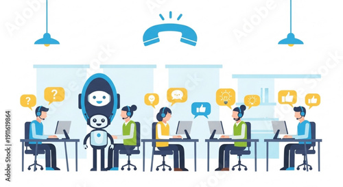 A vector graphic illustration of a robot and people working together in an office setting with laptops and communication symbols