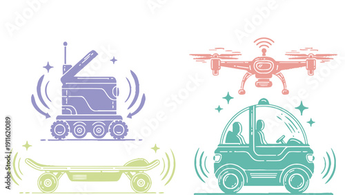 Vehicles icon set including drone, car, skateboard and robot