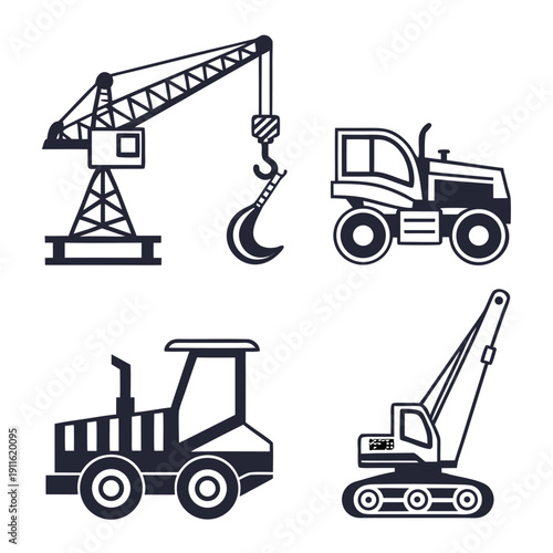 A collection of construction vehicles and equipment in black and white Vector
