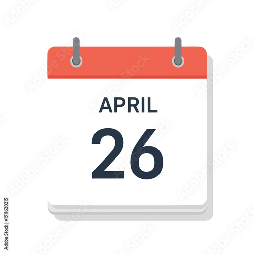 A crisp digital calendar page, vividly displaying 'APRIL 26' in prominent black numbers, with a distinct red header bar. This illustration signifies