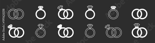Engagement and wedding ring icon collection with diamond jewelry in elegant minimal outline style