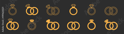 Wedding and engagement ring symbol set with diamond jewelry icons in thin line minimal style
