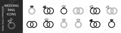 Modern engagement and wedding ring icon set with diamond jewelry in simple contour style isolated on transparent background