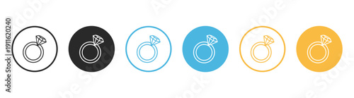 Engagement ring flat round icon set with diamond jewelry symbols isolated on transparent background