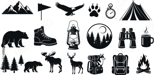 Camping outdoor adventure icon set with mountains tent bear eagle moose deer backpack campfire hiking boot lantern binoculars forest nature