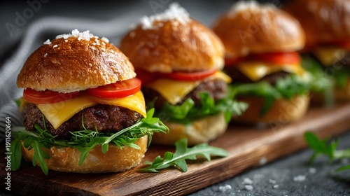 Mini slider burgers with tomato and cheese served on a wooden cutting board feature fresh herbs garnish against a blurred grey background.