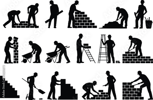 Collection of construction worker silhouettes featuring laborers building brick walls using wheelbarrows and tools for industrial masonry and site development isolated on white background.