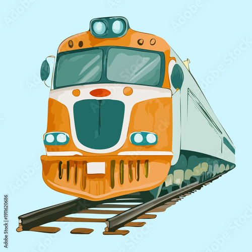 Modern electric passenger train transportation on the tracks with a sleek orange and white design for travel