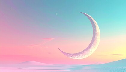 Keuken achterwand Turquoise Dreamy crescent moon illuminating a pastel-colored sky with a distant star and ethereal landscape  © Nurikhayulifatul