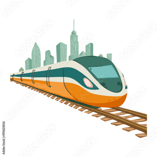 Modern electric train transportation on the railway tracks with city buildings in the distance for urban travel