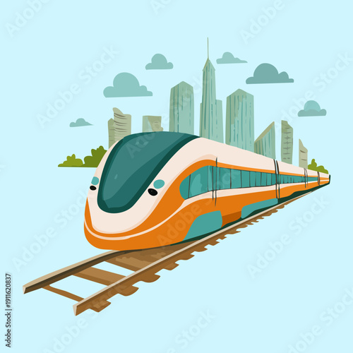 Fast commuter train transportation traveling through the urban skyline with modern buildings and sunny blue sky