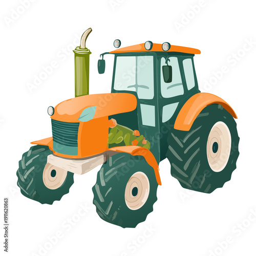Green and orange farm tractor transportation for agricultural work and plowing the fields in a rural countryside