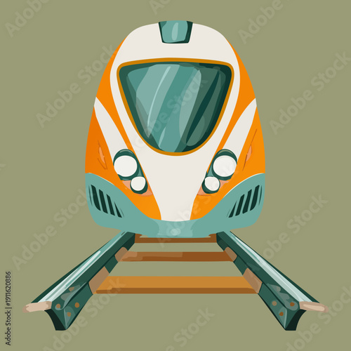 Close up of a sleek modern train transportation face on the tracks for high speed rail travel