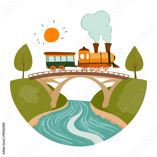 Scenic landscape with a steam train transportation crossing a bridge over a river under a bright sun