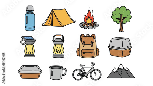 Camping Essentials: An array of camping equipment, each element perfectly illustrated, invites adventure, from a cozy tent and a crackling campfire to a sturdy backpack and scenic mountain.