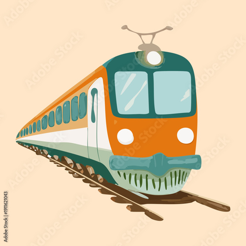 Front view of a modern electric train transportation on the railway tracks with a bright orange design