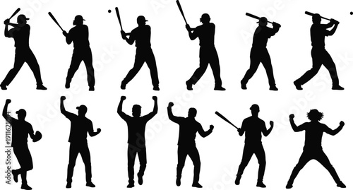Baseball player silhouettes set featuring batting swing action and celebration poses isolated on white background detailed black vector illustration collection