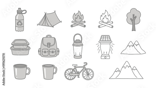 Camping Essentials Icon Set: A collection of camping essentials, featuring a tent, campfire, backpack, lantern, water bottle, and mountain illustration, perfect for outdoor and adventure themes.