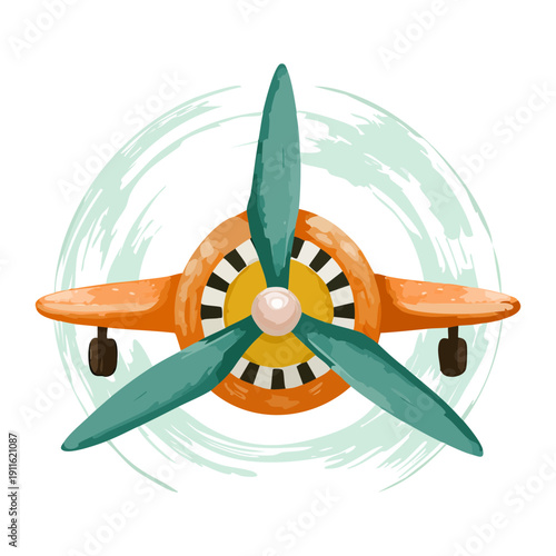 Classic propeller aircraft transportation in a circular frame with orange and green colors for aviation lovers design