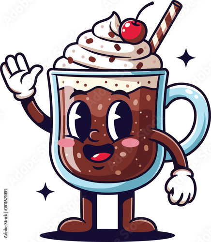 Cartoon chocolate mousse dessert in a mug with whipped cream and cherry