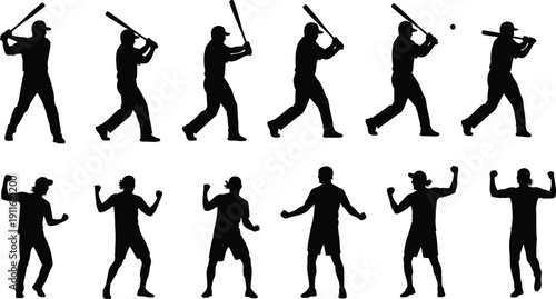 Baseball player batting and celebrating silhouettes set featuring hitter swing action and victory poses isolated on white background vector illustration