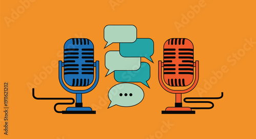 Microphone vector illustration with speech bubbles on orange background