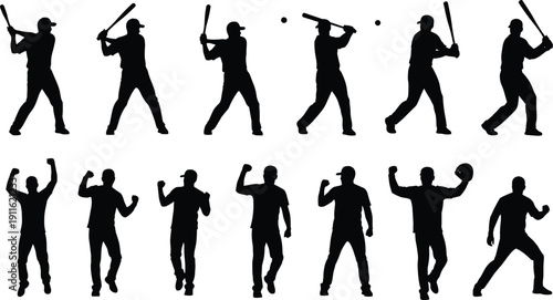 Baseball player silhouettes set featuring batting swing action and celebration poses isolated on white background sports vector illustration collection