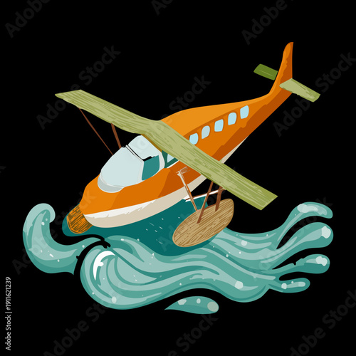 Orange propeller airplane transportation flying over the ocean waves with smoke trails for a coastal adventure trip