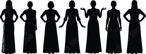 Black silhouettes of seven women in long dresses white background