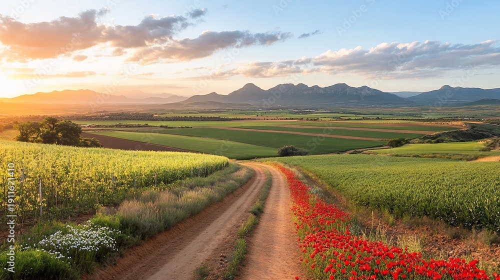 Fototapeta premium Sunset road through poppy fields, mountain valley farmland