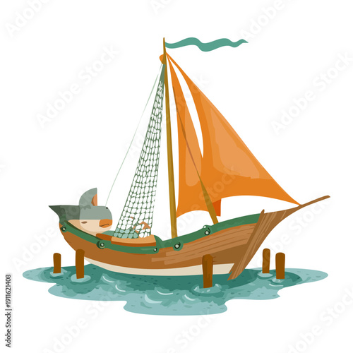 Wooden sailboat transportation cruising on the ocean water with white sails and flying birds in the sky