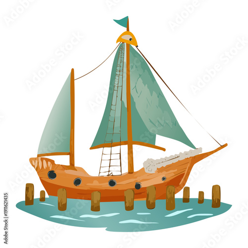 Traditional sailing boat transportation docked at the wooden pier in the calm sea for a nautical journey