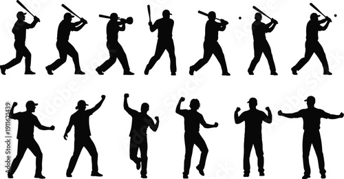 Baseball player silhouettes set featuring batting swing action and celebration poses isolated on white background sports vector illustration collection