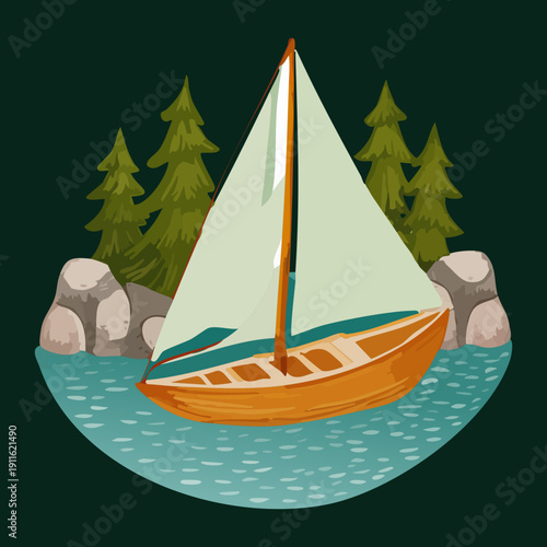 Sailboat transportation on the calm sea with green pine trees in the background for a coastal nature trip