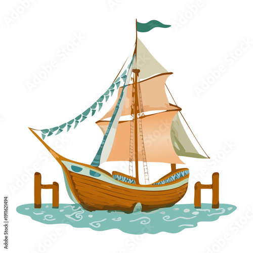 Classic sailing boat transportation near the harbor at sunset for a romantic nautical sea travel and adventure