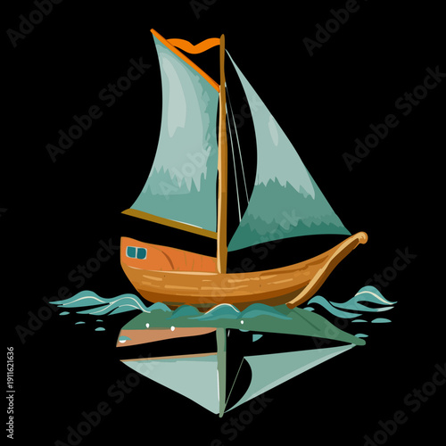 Traditional sailing boat transportation on the sea during night with a dark sky and peaceful water reflection