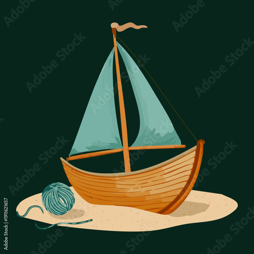 Small sailboat transportation near the shore with ropes and anchor for a nautical maritime and sea travel theme