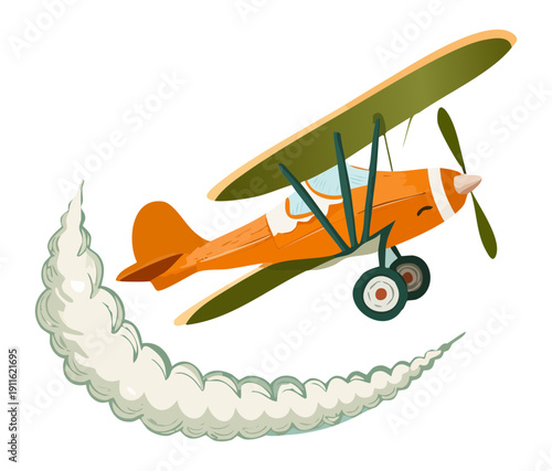 Vintage biplane aircraft transportation performing maneuvers in the sky with white smoke trails for aviation adventure lovers