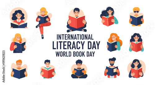 International Literacy Day and World Book Day Vector Banner. Diverse Group of Happy Students and People Reading Books, Celebrating Education and Knowledge.