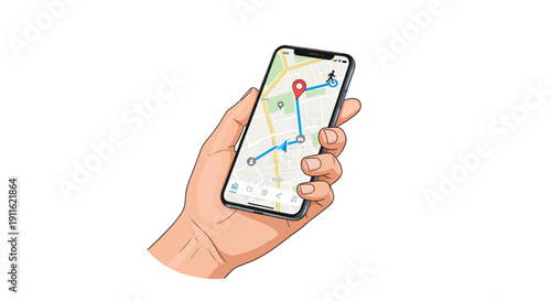 Hand holding a smartphone with map.