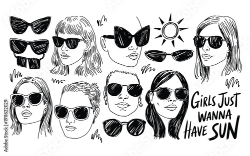 Sunglasses vector illustration of people wearing shades and having fun in sun