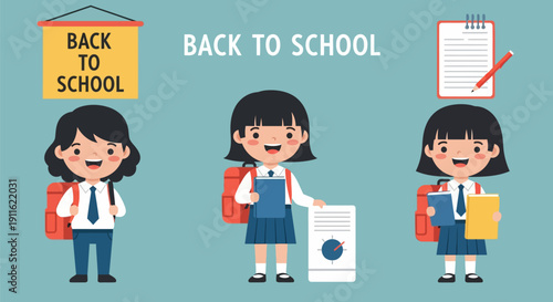 Happy Schoolgirls Vector for Back to School. Cute cartoon students in uniform with backpacks and books, ready for the start of the academic year and education enrollment.