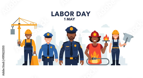 Labor Day 1 May: Diverse Essential Workers Vector. Construction, Police, Firefighter Group Portrait Celebrating International Workers' Day.