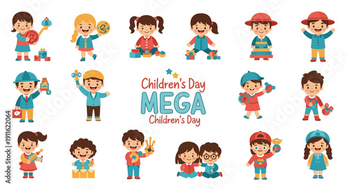 Children's Day Mega Set: Happy Kids Playing with Toys. Cute Vector Cartoon Collection of Boys and Girls Celebrating Childhood.