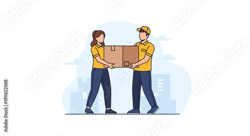 Logistics Team Carrying Box. Delivery service workers cooperating to move heavy cardboard package. Modern vector illustration.