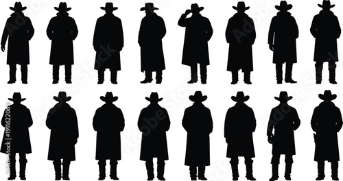 Cowboy silhouettes set featuring western man in hat and long coat isolated on white background detailed black vector illustration collection