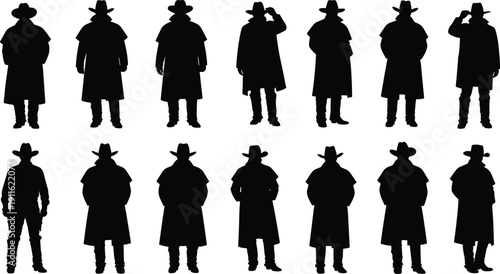 Cowboy silhouettes set featuring western man in hat and coat isolated on white background detailed black vector illustration collection