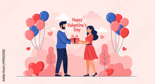 Valentine's Day Couple Exchanging Gift, Romantic Holiday Celebration, Flat Vector Illustration with Balloons and Hearts